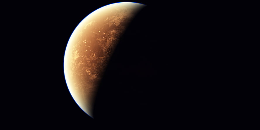 Glowing Crescent Planet in Deep Space with Warm Amber Surface Details HD wallpaper