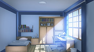 Sunlit Anime Bedroom Interior With Desk, Bookshelves, and Large Window HD wallpaper