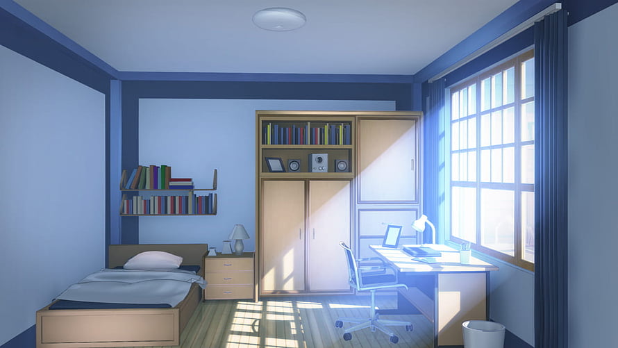 Sunlit Anime Bedroom Interior With Desk, Bookshelves, and Large Window HD wallpaper