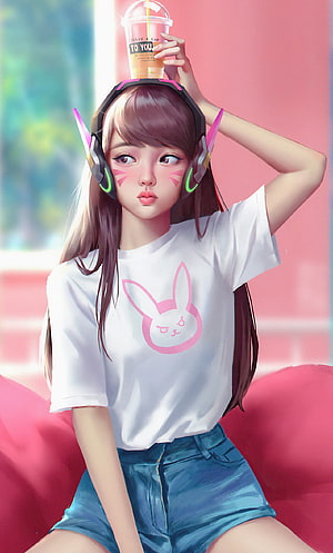 Dva Overwatch Anime Girl in White T-Shirt and Denim Shorts with Gaming Headset HD phone wallpaper