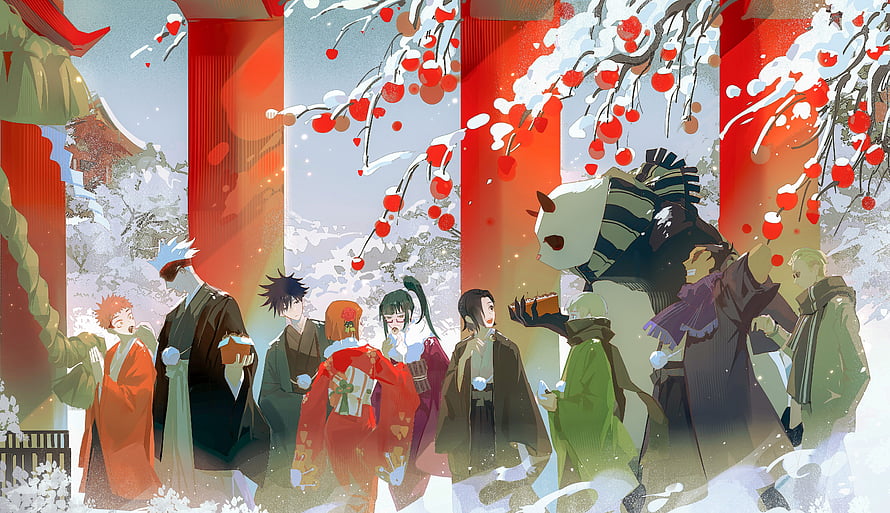 Jujutsu Kaisen Characters in Traditional Winter Attire Under Snowy Cherry Blossoms HD wallpaper