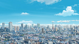 Kimi no Na Wa Tokyo Cityscape with Tokyo Tower and Cherry Blossoms HD wallpaper