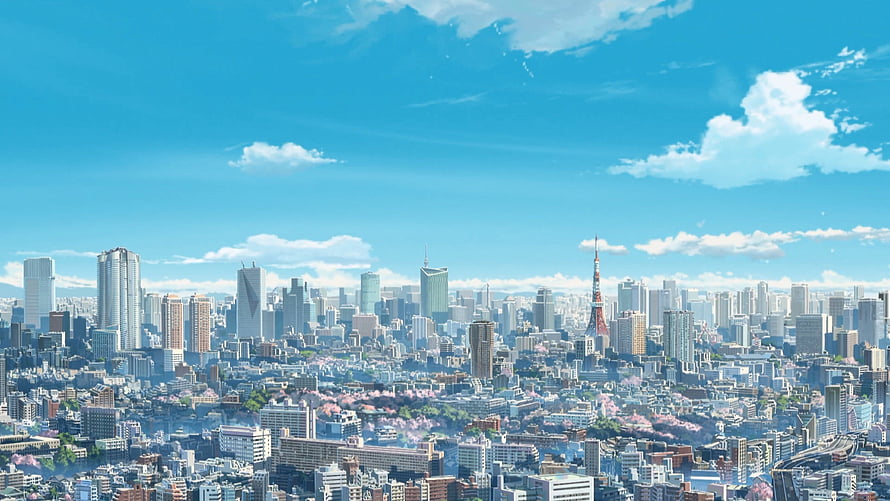 Kimi no Na Wa Tokyo Cityscape with Tokyo Tower and Cherry Blossoms HD wallpaper