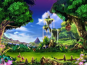 Fantasy Floating Islands Waterfall Landscape with Lush Green Garden and Distant Mountains HD wallpaper