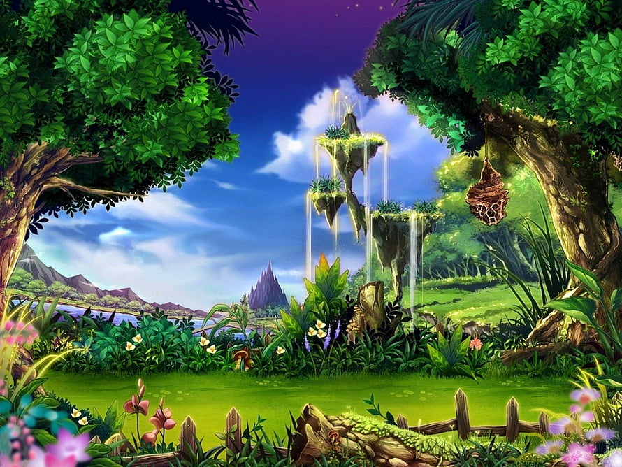 Fantasy Floating Islands Waterfall Landscape with Lush Green Garden and Distant Mountains HD wallpaper