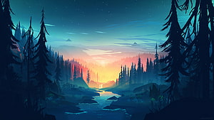 Stylized Digital Art of a Serene Forest River at Dawn with Pine Silhouettes HD wallpaper