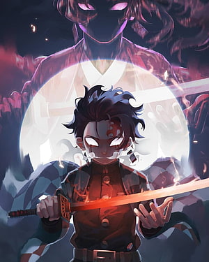 Demon Slayer: Tanjiro and Yoriichi Confrontation with Glowing Eyes and Katana HD phone wallpaper
