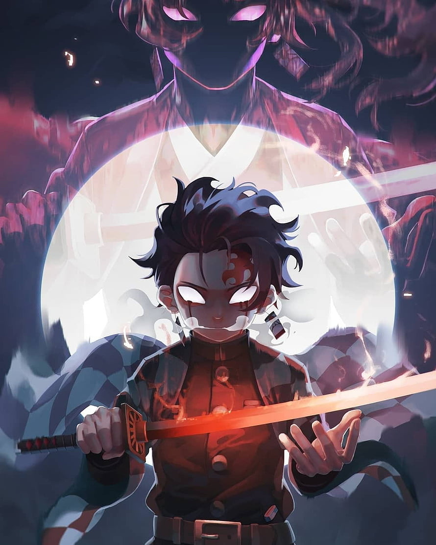 Demon Slayer: Tanjiro and Yoriichi Confrontation with Glowing Eyes and Katana HD phone wallpaper