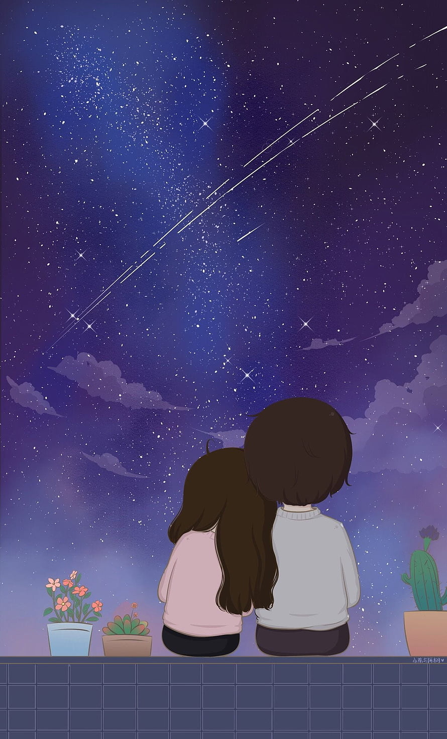 Cute Couple Watching Meteor Shower Under Starry Night Sky Illustration HD phone wallpaper