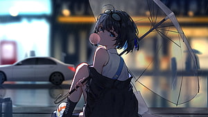 Anime Girl Enjoying Rainy Night City Street With Umbrella And Bubblegum HD wallpaper