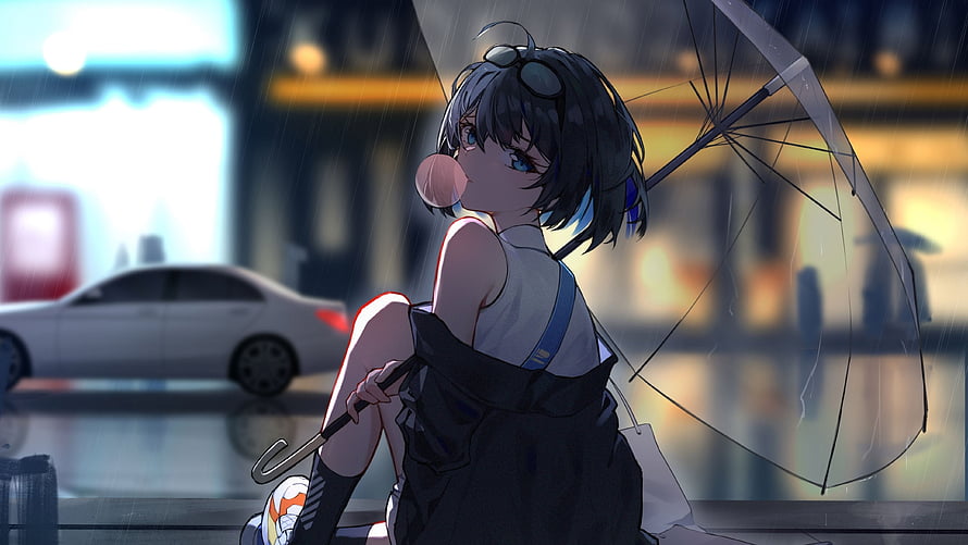 Anime Girl Enjoying Rainy Night City Street With Umbrella And Bubblegum HD wallpaper