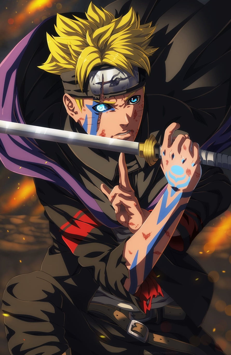 Boruto and Karma Anime Character with Sword and Blue Markings HD phone wallpaper