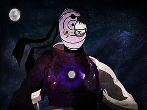 Obito Uchiha Wearing Tobi Mask Under a Full Moon in a Starry Night Sky HD wallpaper