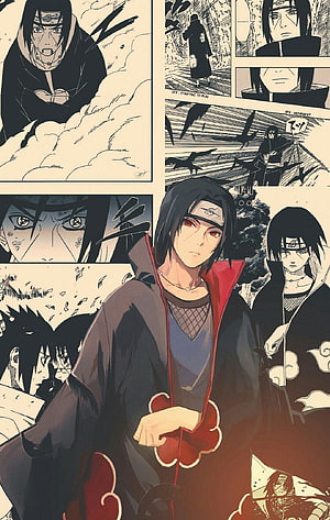 Itachi Uchiha in Akatsuki Robe with Manga Panels and Sharingan Eyes HD phone wallpaper