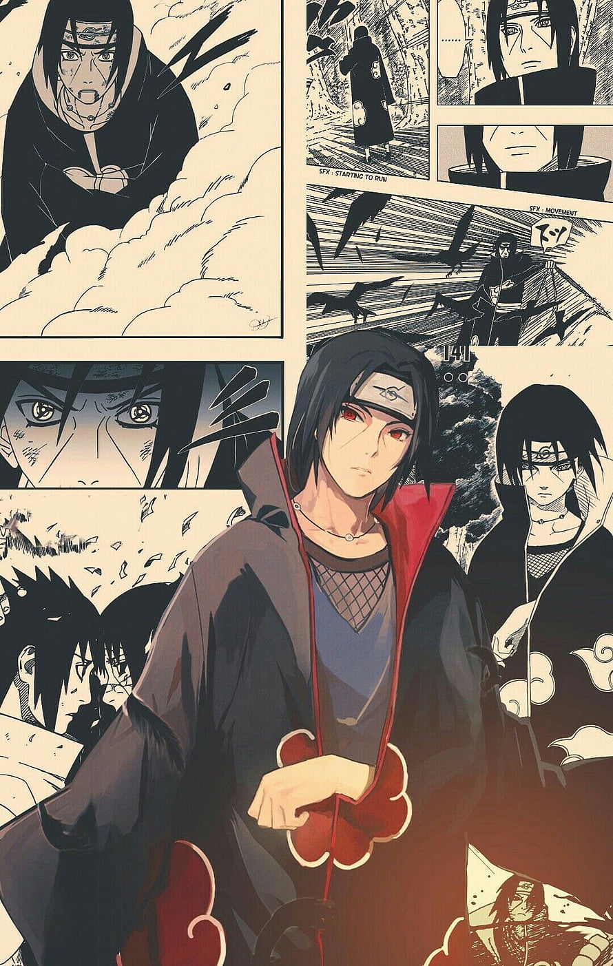 Itachi Uchiha in Akatsuki Robe with Manga Panels and Sharingan Eyes HD phone wallpaper