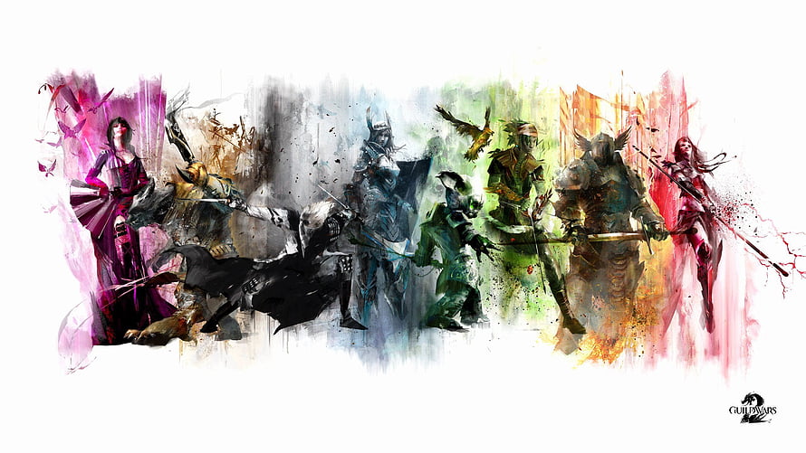 Guild Wars 2 Fantasy Character Lineup Watercolor Artwork HD wallpaper