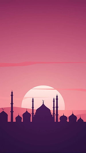 Silhouette of a grand mosque with minarets and domes against a pink sunset sky HD phone wallpaper