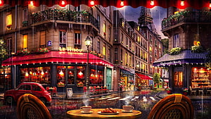 Rainy Paris Street Scene with Cozy Café and Eiffel Tower at Dusk HD wallpaper