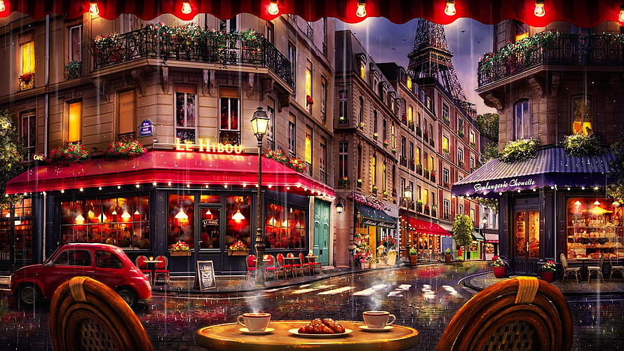 Rainy Paris Street Scene with Cozy Café and Eiffel Tower at Dusk HD wallpaper