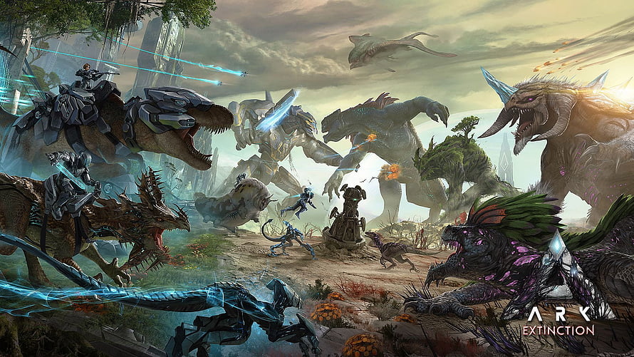 Ark Extinction Concept Art Featuring Tamed Dinosaurs and Sci-Fi Combat HD wallpaper