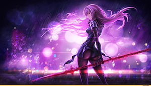 Scathach from Fate Grand Order wielding a glowing red spear in a purple bokeh cityscape HD wallpaper