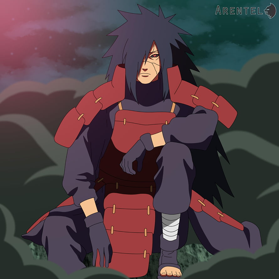 Madara Uchiha Sitting in Red Armor Against a Dramatic Twilight Sky HD phone wallpaper