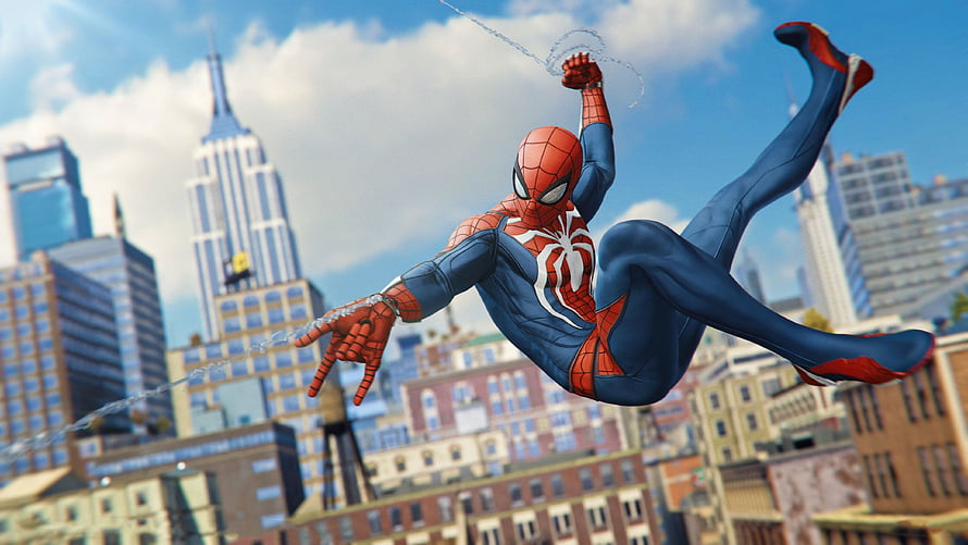 Spider-Man Swinging Through New York City Skyline in Dynamic Action Pose HD wallpaper