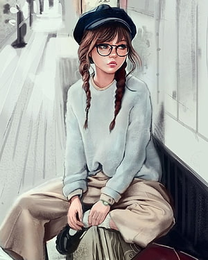 Digital Painting of a Girl with Braids and Glasses Sitting on a Bench in a Grey Sweater HD phone wallpaper