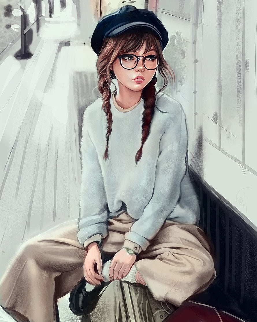Digital Painting of a Girl with Braids and Glasses Sitting on a Bench in a Grey Sweater HD phone wallpaper