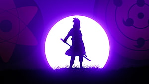 Sasuke Uchiha Silhouette Standing Before a Glowing Moon with Sharingan and Rinnegan Symbols HD wallpaper