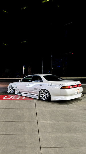 White Toyota Mark II JZX90 Stance Build with Widebody Kit and Custom Wheels at Night HD phone wallpaper