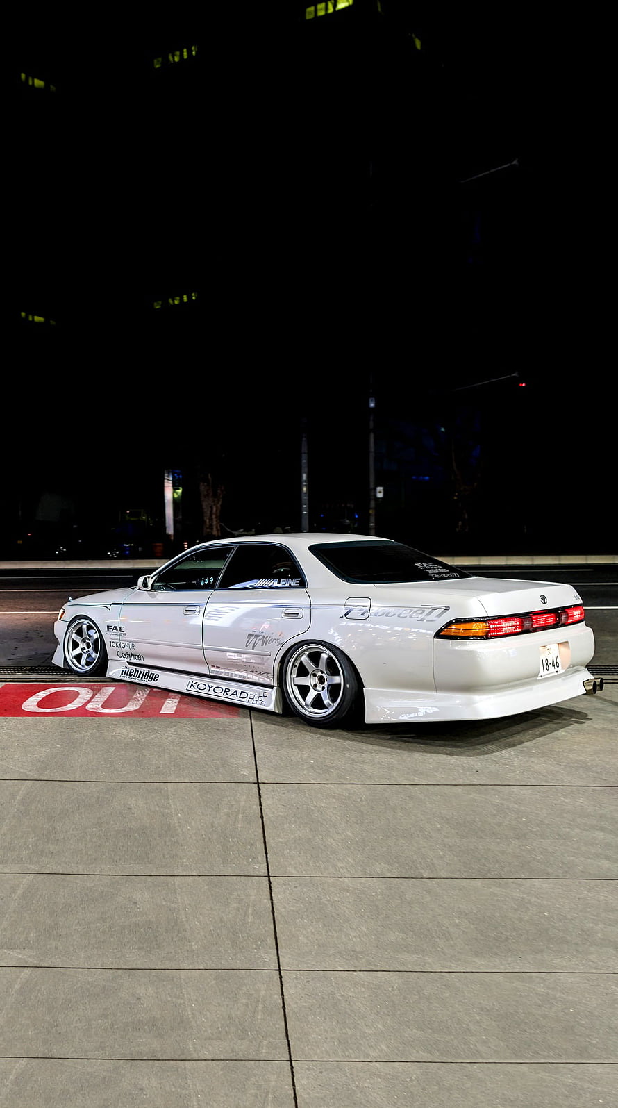 White Toyota Mark II JZX90 Stance Build with Widebody Kit and Custom Wheels at Night HD phone wallpaper