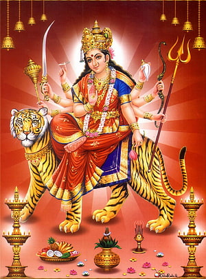 Mata Rani Durga Riding Tiger with Trident and Sword in Traditional Indian Art HD phone wallpaper