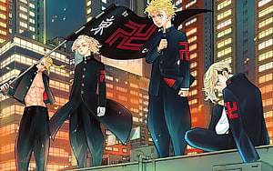 Tokyo Revengers Anime Characters in Black Uniforms with Flag in City HD wallpaper