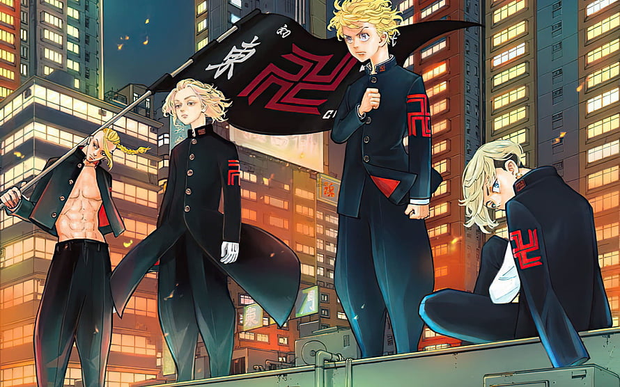 Tokyo Revengers Anime Characters in Black Uniforms with Flag in City HD wallpaper