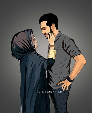 Romantic Digital Illustration of a Muslim Couple in Intimate Embrace HD phone wallpaper