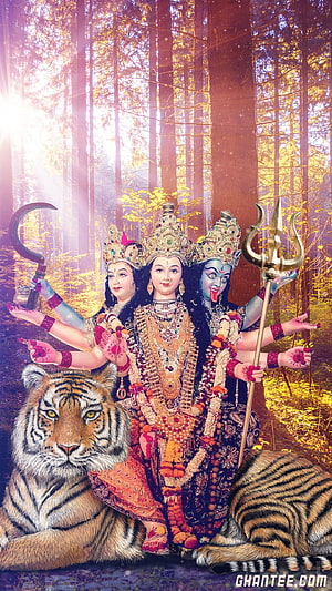 Maa Durga with Tiger in Forest, Navratri Artwork with Trishul and Crescent Moon HD phone wallpaper