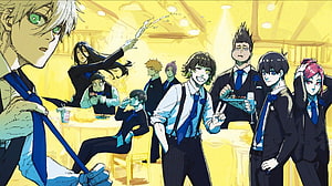Blue Lock manga cast in formal suits at a banquet hall with dramatic lighting HD wallpaper