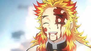 Kyojuro Rengoku from Demon Slayer Mugen Train with blood-stained face and fiery hair HD wallpaper