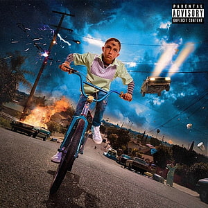 YHLQMDLG surreal album art featuring a boy on a bicycle with a flying car and burning street scene HD phone wallpaper