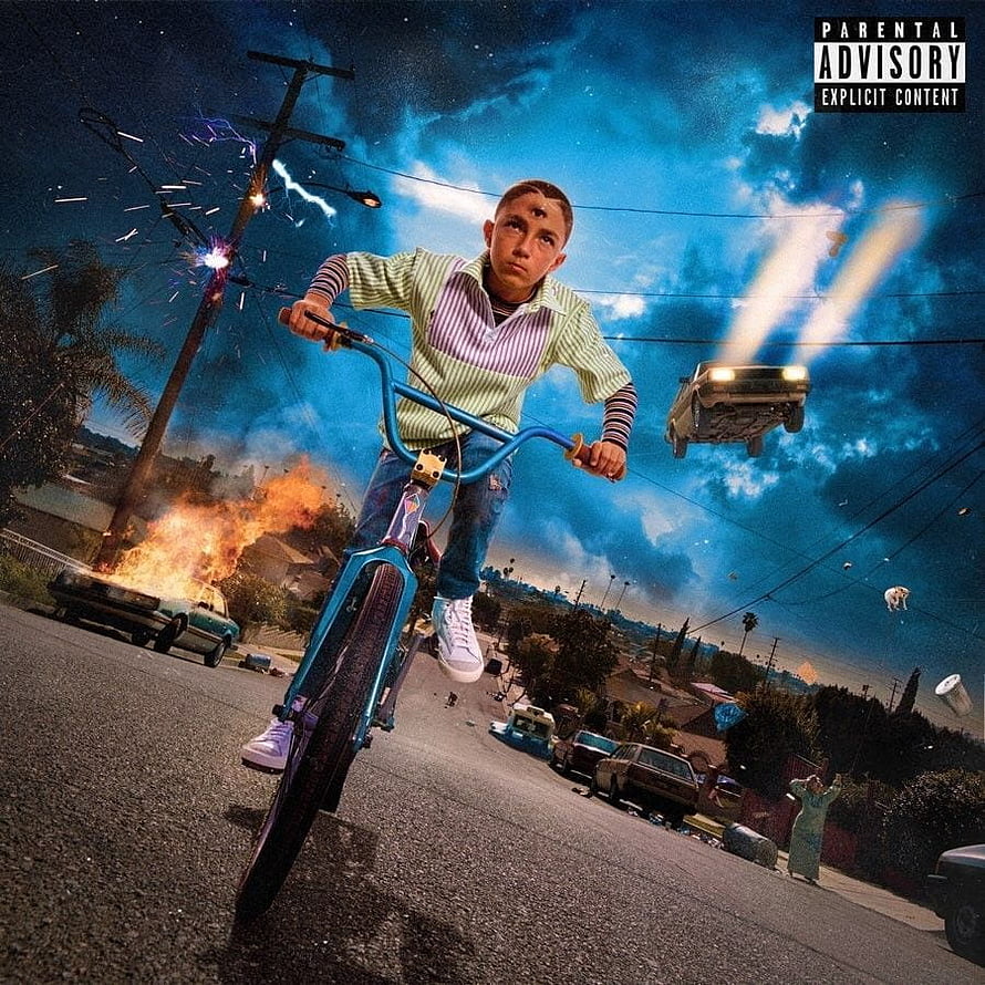 YHLQMDLG surreal album art featuring a boy on a bicycle with a flying car and burning street scene HD phone wallpaper
