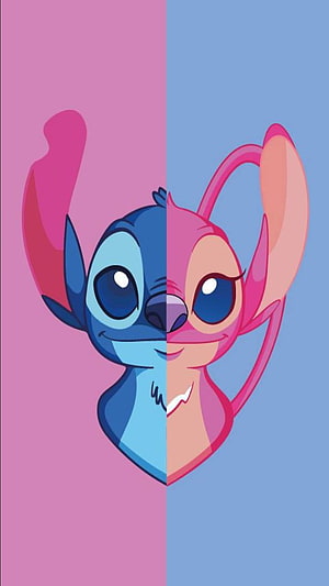 Stitch and Angel Split Face Portrait with Pink and Blue Color Palette HD phone wallpaper