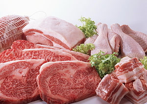 Assorted Raw Meat Cuts Including Marbled Beef, Pork, and Poultry on a White Background HD wallpaper