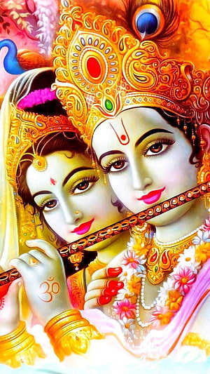 Krishna and Radha Playing Flute in Ornate Traditional Indian Art Style HD phone wallpaper