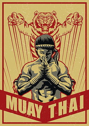 Muay Thai Fighter and Tiger Illustration in Retro Poster Style HD phone wallpaper