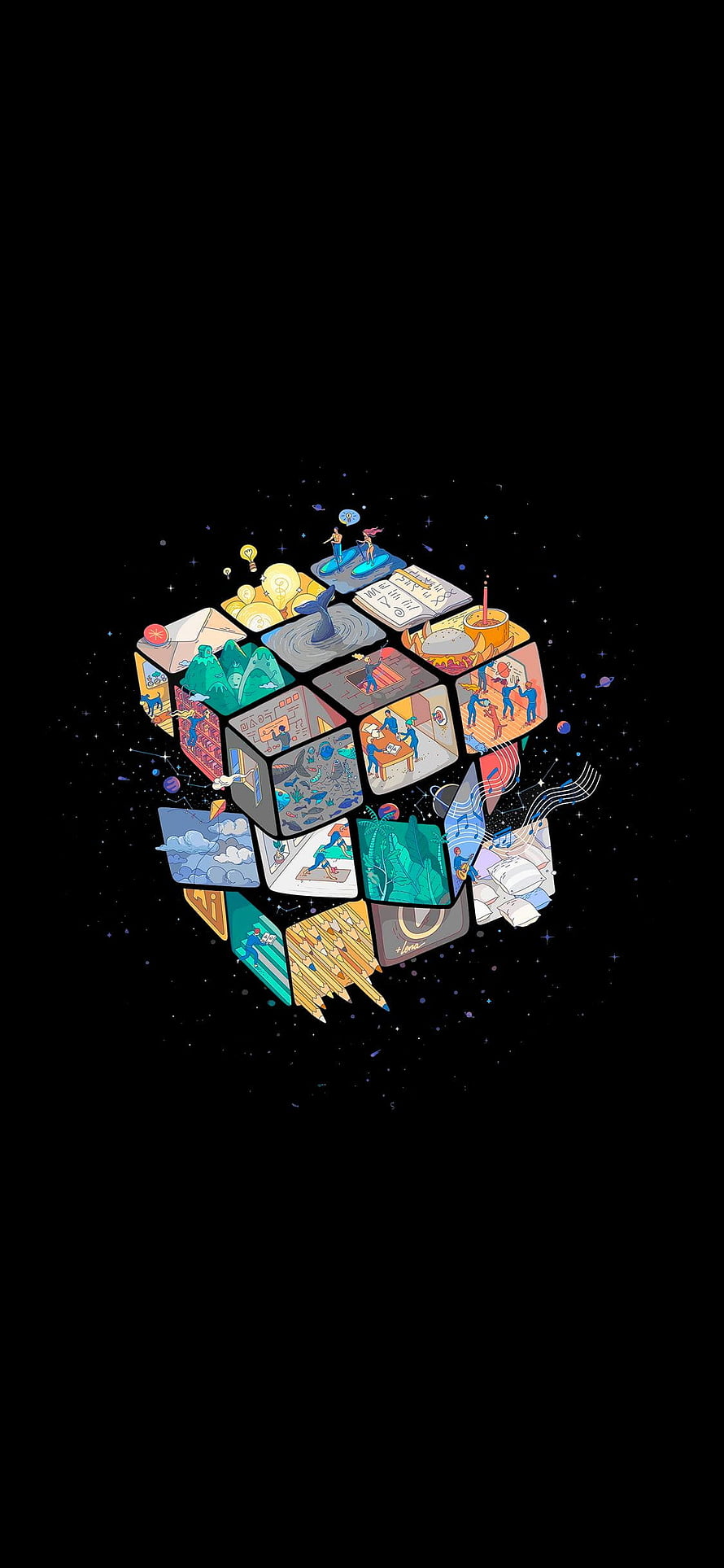 Isometric Cube of Creative Scenes Floating in Deep Space HD phone wallpaper