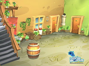 El Chavo Del Ocho 3D Neighborhood Interior With Wooden Stairs And Potted Plants HD wallpaper
