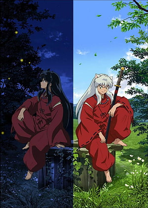 Inuyasha and Kikyo in Red Kimono Split Scene Night and Day Anime Wallpaper HD phone wallpaper