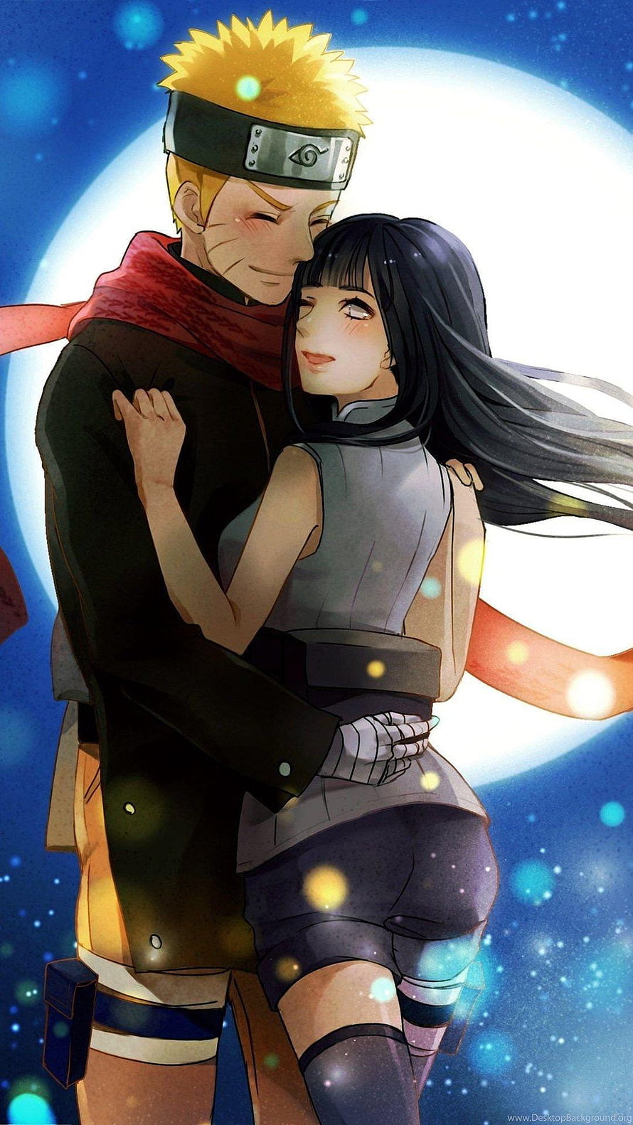 Naruto and Hinata Embracing Under a Full Moon in a Romantic Anime Illustration HD phone wallpaper