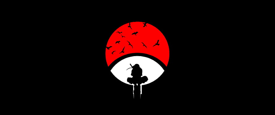 Itachi Uchiha Silhouette Against Red Sun and Birds in Minimalist Naruto Art HD wallpaper